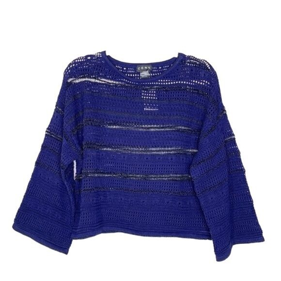 Cotton Emporium Pointelle Boat Neck Sweater Size Large Navy Long Sleeve Sz L New - Picture 2 of 8